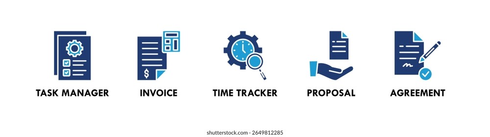Freelancer Toolkit banner web ícone vetor ilustração conceito com um ícone de gerenciador de tarefas, fatura, rastreador de tempo, proposta e acordo