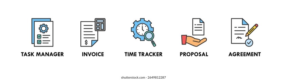 Freelancer Toolkit banner web ícone vetor ilustração conceito com um ícone de gerenciador de tarefas, fatura, rastreador de tempo, proposta e acordo