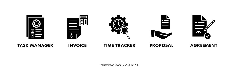 Freelancer Toolkit banner web ícone vetor ilustração conceito com um ícone de gerenciador de tarefas, fatura, rastreador de tempo, proposta e acordo