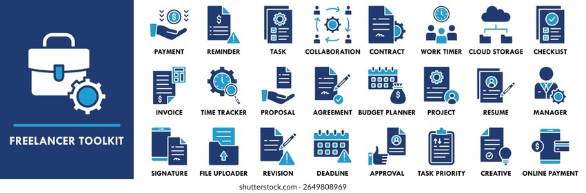 Conjunto de coleta de ícones do Freelancer Toolkit. Contendo design freelance, tecnologia, kit de ferramentas, computador, empresa