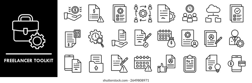 Conjunto de coleta de ícones do Freelancer Toolkit. Contendo design freelance, tecnologia, kit de ferramentas, computador, empresa