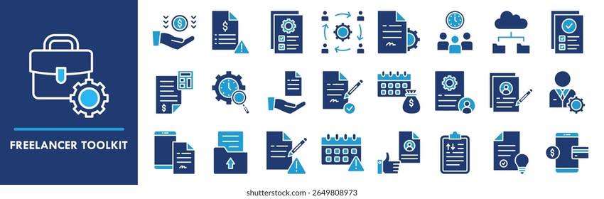 Conjunto de coleta de ícones do Freelancer Toolkit. Contendo design freelance, tecnologia, kit de ferramentas, computador, empresa