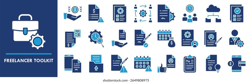 Conjunto de coleta de ícones do Freelancer Toolkit. Contendo design freelance, tecnologia, kit de ferramentas, computador, empresa