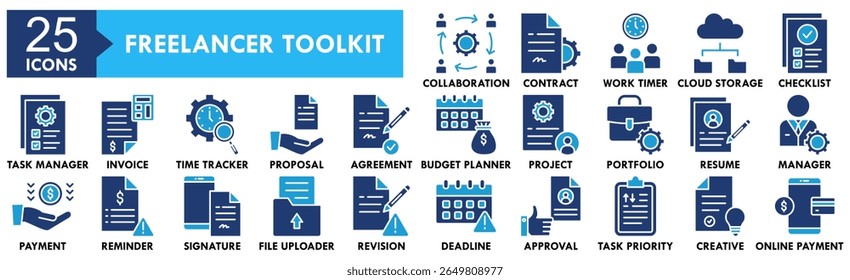 Conjunto de coleta de ícones do Freelancer Toolkit. Contendo design freelance, tecnologia, kit de ferramentas, computador, empresa