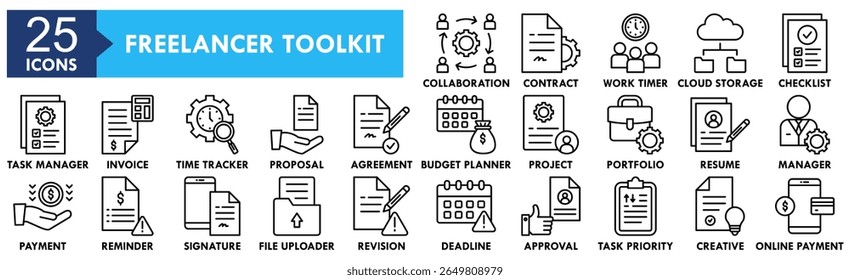 Conjunto de coleta de ícones do Freelancer Toolkit. Contendo design freelance, tecnologia, kit de ferramentas, computador, empresa