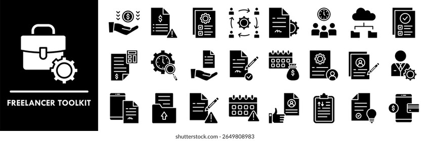 Conjunto de coleta de ícones do Freelancer Toolkit. Contendo design freelance, tecnologia, kit de ferramentas, computador, empresa