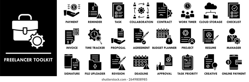 Conjunto de coleta de ícones do Freelancer Toolkit. Contendo design freelance, tecnologia, kit de ferramentas, computador, empresa