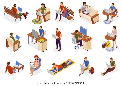 Freelancer typical day isometric icons collection with working home outdoor in park cafe on beach vector illustration