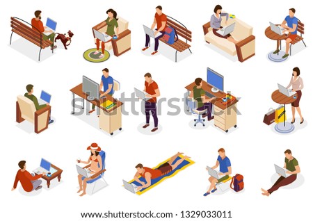 Freelancer typical day isometric icons collection with working home outdoor in park cafe on beach vector illustration