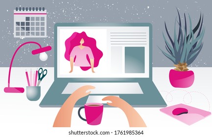 Freelancer typing on the computer and having video call. Home workspace desk. Flat vector design.
