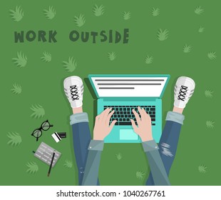 Freelancer typing on laptop work outside. Top view. Laptop, credit cards, glasses. Hand drawn vector illustration.