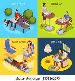 Freelancer usual day 4 isometric icons square with work at home in park on beach vector illustration