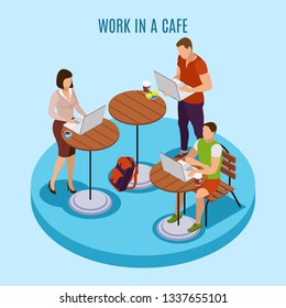 Freelancer usual day isometric composition with working on laptop outdoor at bistro cafe terrace tables vector illustration