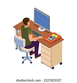 Freelancer usual day isometric composition with human character working in casual situation vector illustration