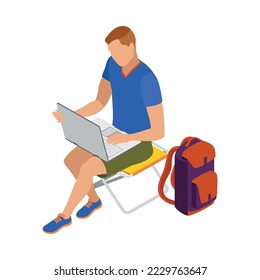 Freelancer usual day isometric composition with human character working in casual situation vector illustration