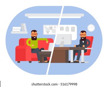 Freelancer vs business office worker. Comparing remote work with freelance working place. Businessman at work. Flat design vector illustration.