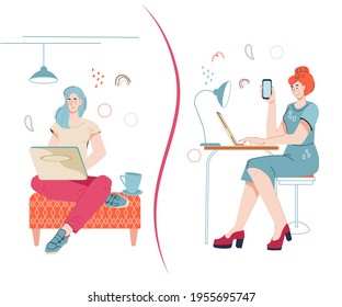 Freelancer vs office work concept with women working at home and in office. Comparing remote work with freelance working place, flat vector isolated on white.