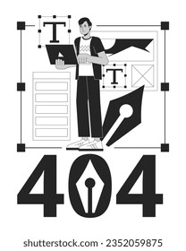 Freelancer web designer black white error 404 flash message. UI and UX designer. Monochrome empty state ui design. Page not found popup cartoon image. Vector flat outline illustration concept