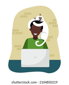 A freelancer with a white cat on his shoulders works at a computer. Cute stylized illustration. Vector illustration on the theme of home office and freelancing.