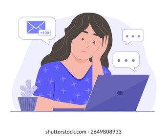 Burnout de mulher Freelancer e stress com sobrecarga de e-mail e bate-papo on-line para o trabalho on-line em casa conceito Ilustração