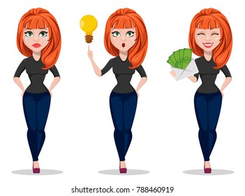 Freelancer woman cartoon character. Young beautiful businesswoman or designer in free style clothes crying, having an idea and holding envelope with money - stock vector