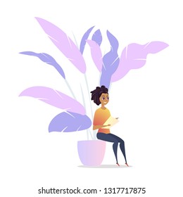 Freelancer Woman Character Chill Lounge Space. Office Afro American Worker Rest in Plant Comfortable Interior Isolated on White Background. Female Note to Paper Flat Cartoon Vector Illustration