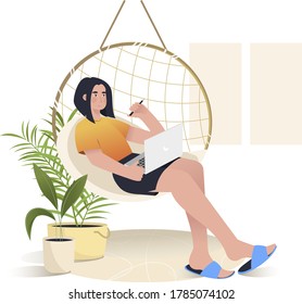 Freelancer woman character working with laptop sitting in hanging armchair. Remote work or study. Work at home concept. Modern flat cartoon vector illustration.
