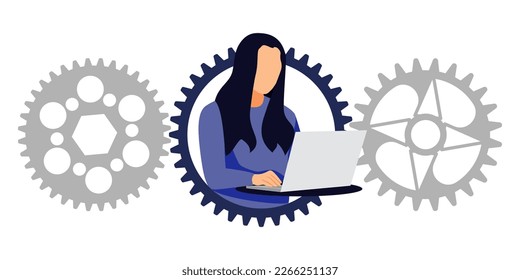 Freelancer woman character working on gear workspace with laptop