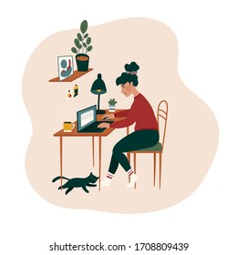 Freelancer woman character works behind a laptop. Home office workplace during coronavirus COVID-19 pandemic. vector flat illustration.Working from home self employed or girl study from home concept.