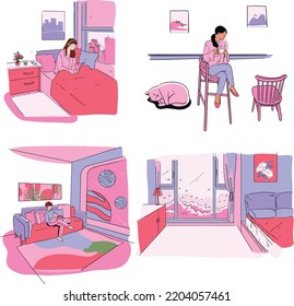 Freelancer woman with computer on bed in bedroom at home. vector women in bedroom and living room.
