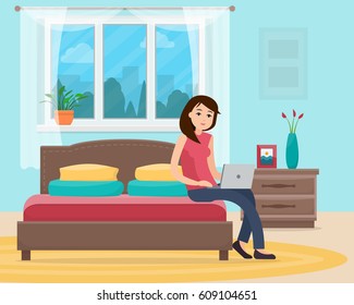 Freelancer woman with computer on bed in bedroom at home.  Flat style vector illustration.