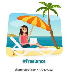 Freelancer woman with computer on lounge with palm trees on beach. Outdoor workplace. Tropical background with sea. Flat style vector illustration.