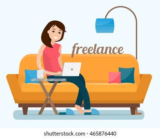Freelancer woman with computer on sofa at home.  Flat style vector illustration.
