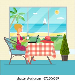 Freelancer woman drinks coffee and looks at laptop by the window in  cafe interior. Tropical beach.Vector flat illustration