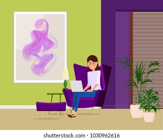 Freelancer woman with laptop in the chair. Vector illustration of a flat design.