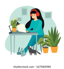 Freelancer woman with laptop working at home vector illustration. Freelancer character with cat, home plants. Home office concept. Seating girl with headphones and rabbits slippers. Isolated on white