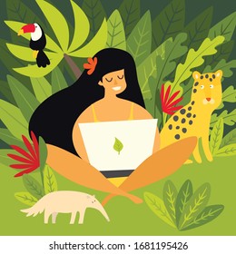 Freelancer woman with laptop working vector illustration. Digital nomad characters with leopard and parrot on tropics, green leaf forest.Work on travel lifestyle concept. Cartoon style drawing square