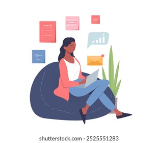 Mulher freelancer com laptop. Jovem menina com laptop senta-se no pufe azul. Freelance e ganhos online. Pessoa no local de trabalho confortável. Cartaz ou banner. Ilustração de vetor plano