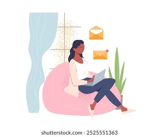 Mulher freelancer com laptop. Jovem menina com laptop senta-se no pufe rosa. Freelance e ganhos online. Pessoa no local de trabalho confortável. Ilustração de vetor plano isolada no plano de fundo branco