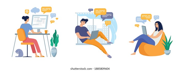 Freelancer woman and man work and communication in comfortable conditions at home, coworking space. Vector flat style illustration