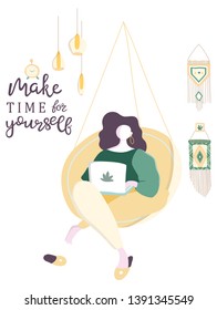 Freelancer woman with notebook on sofa at home. Vector flat illustration. Trend colors. Plants and home decor. Web icon. Hand drawn lettering