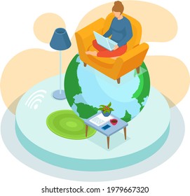 Freelancer woman with notebook on sofa at home does work or is educated remotely use modern technologies. Girl sitting in armchair with computer works or communicates at distance using social media