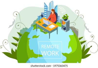 Freelancer woman with notebook at table at home or office does work, educated remotely use modern technologies. Girl sitting with computer works or communicates at distance using social media