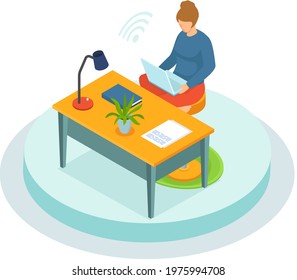 Freelancer woman with notebook at table at home does work or is educated remotely use modern technologies. Girl sitting on floor with computer works or communicates at distance using social media