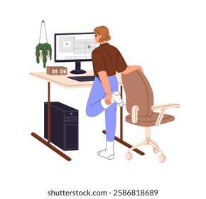 Freelancer, woman with sedentary work stretches at break. Office worker does yoga training at workplace. Employee does physical exercises at computer desk. Flat isolated vector illustration on white