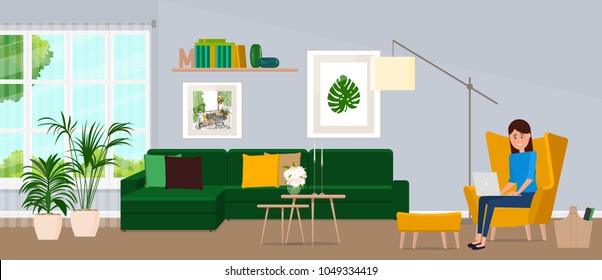 A freelancer woman is sitting in a chair with a laptop. Vector illustration of a flat design.