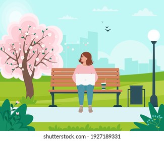 Freelancer woman sitting on a bench with a laptop in the park and inhaling the smell of spring. Vector illustration in flat style