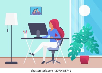 Freelancer woman, teleworking at home, telecommuting career. Businesswoman managing at distance, fulfilling Internet orders, flat vector design