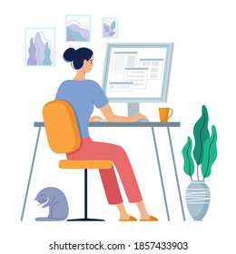 Freelancer woman work in comfortable conditions at home, coworking space. Vector flat style illustration