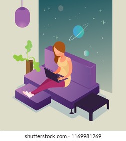 Freelancer woman worker using computer laptop ps and working typing. Freelance online work concept flat cartoon graphic design illustration